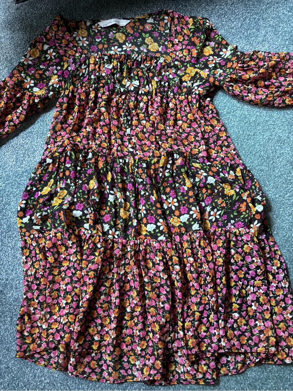 Zara Black Floral Mini Dress with Pink, Orange and Yellow Flowers